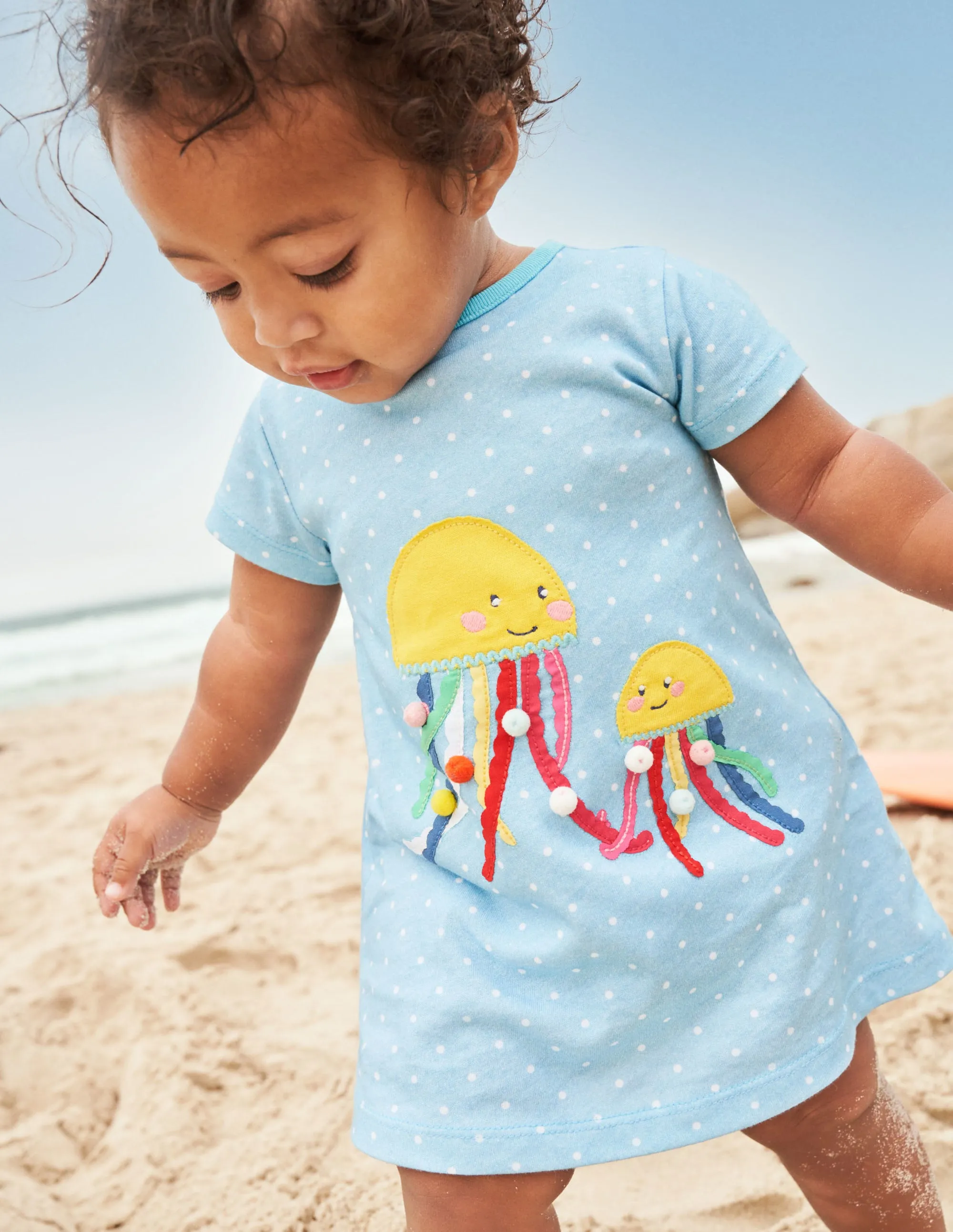 Appliqué Jersey Dress-Ivory/Aqua Jellyfish