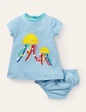 Appliqué Jersey Dress-Ivory/Aqua Jellyfish